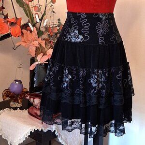 Preowned Navy Blue Ruffle Tiered A-line Flared Short Lined Skirt